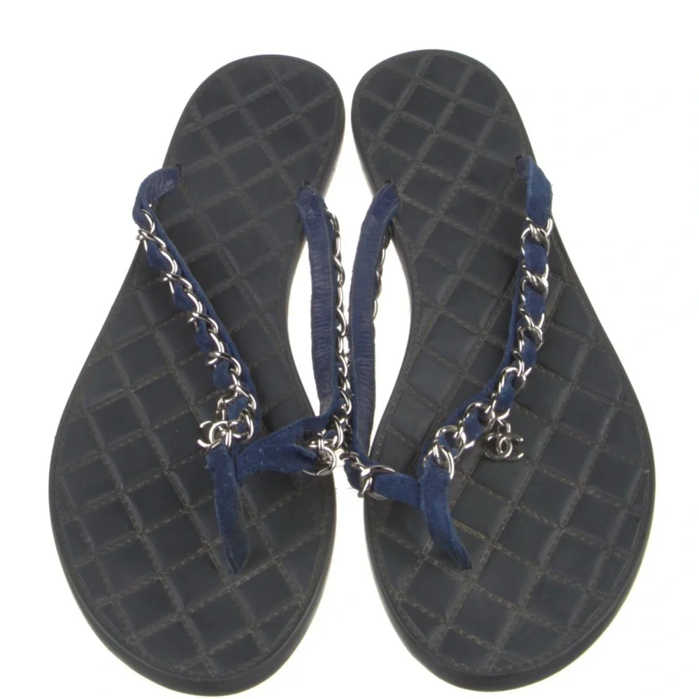 Chanel Navy Blue Chain Sandals
